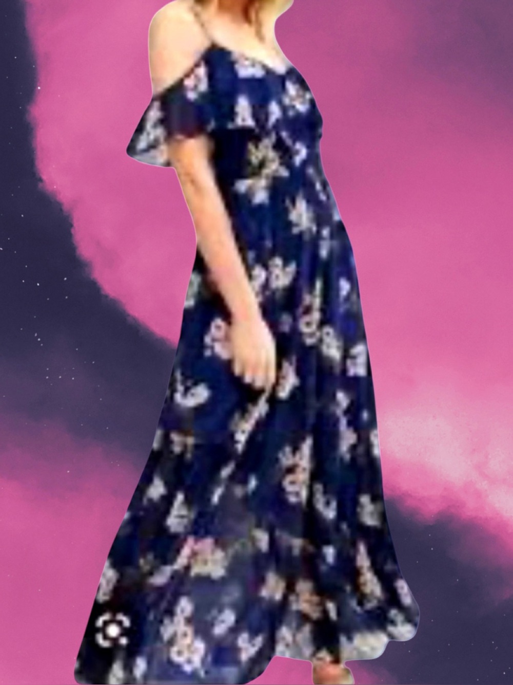 Liberty Love Women’s plus-size Navy Blue Floral Chiffon Cold Shoulder Dress💜💜2X